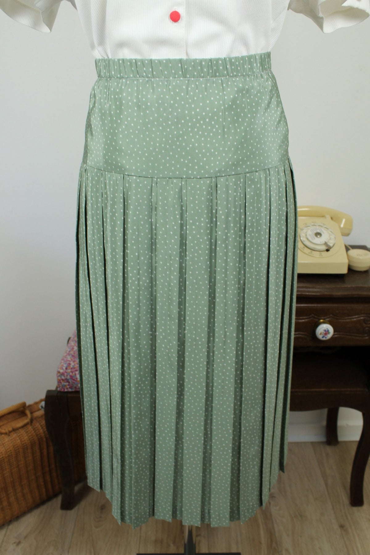 Jupe vintage années 80 style pin-up vert sauge à pois - Taille 42/44