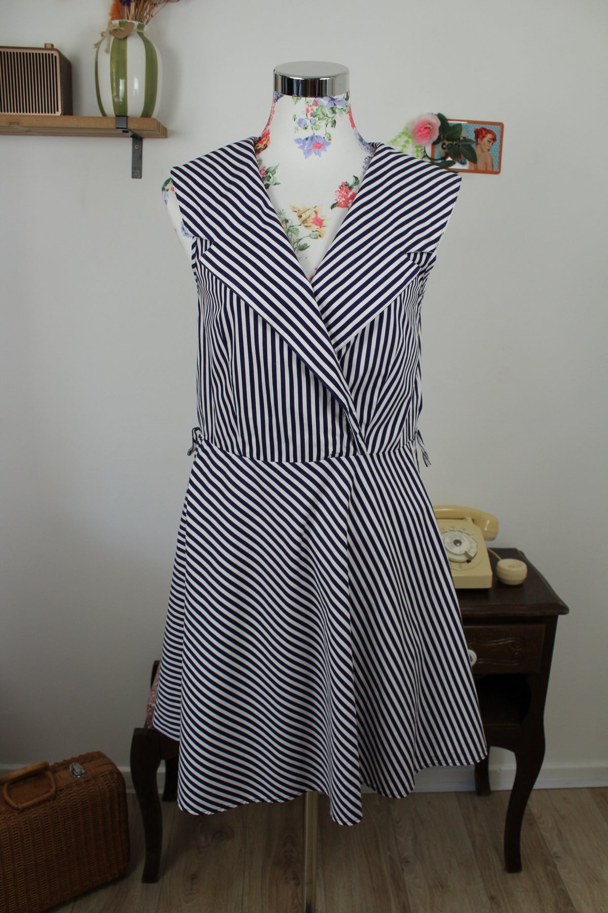 Robe Navy vintage années 90 rayée en coton style pin-up/rockabilly - Taille 38