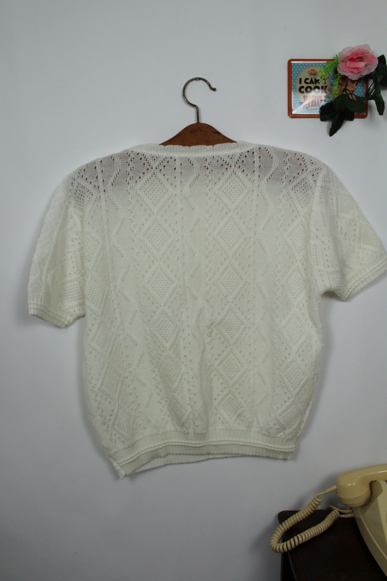 🌸🍒Pull blanc vintage 90's ajouré manches courtes - made in France - Taille 40/42🍒🌸