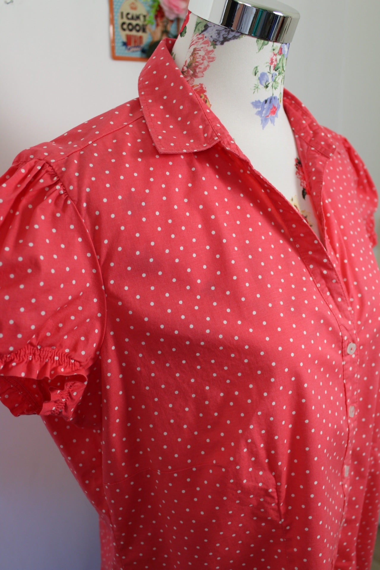 🌸🍒Chemise manches courtes vintage 90s/2000s rose bonbon à pois pin-up - Taille 42/44🍒🌸