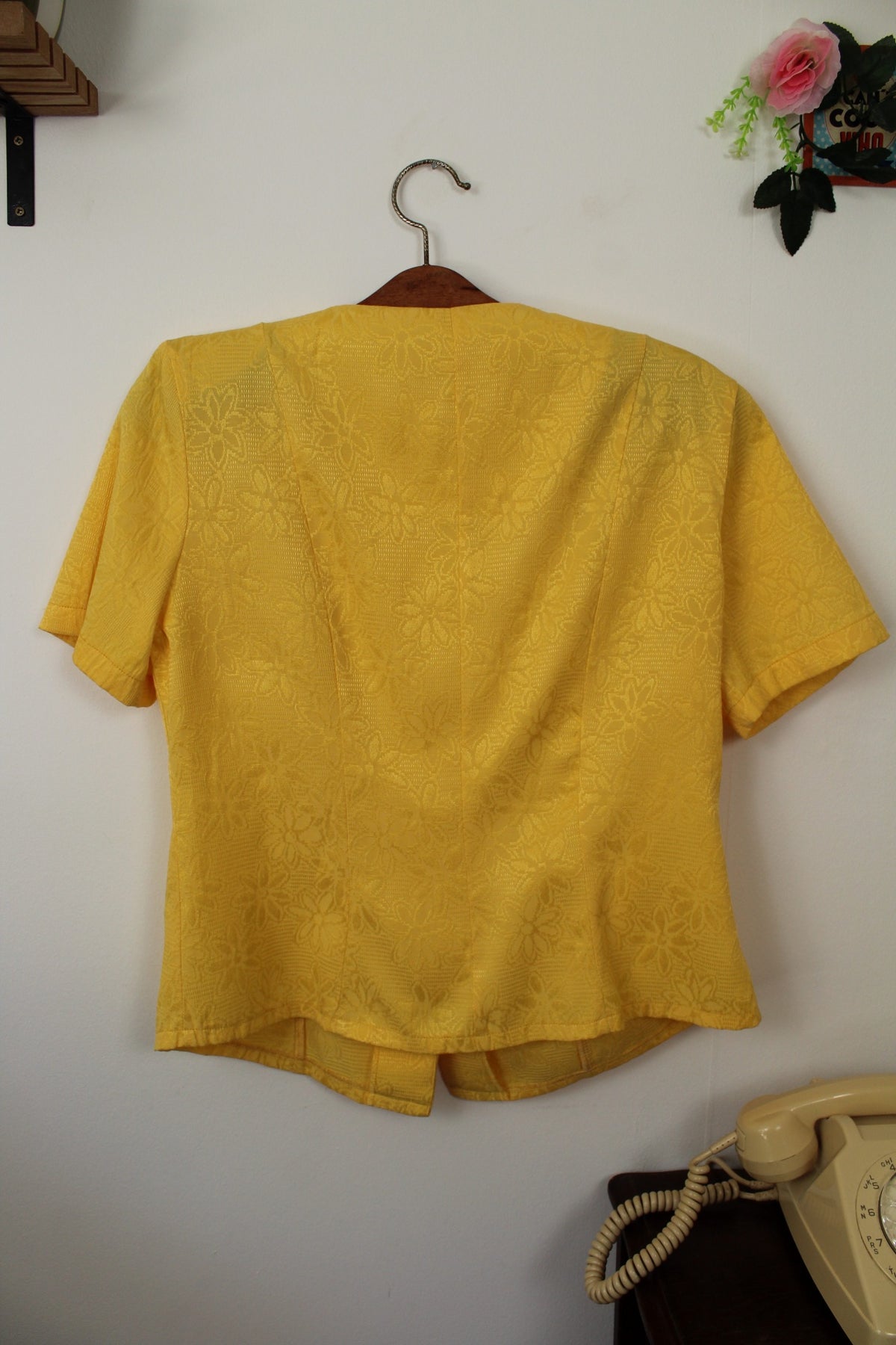🌸🍒 Ensemble jupe + blouse vintage années 80 tissu texturé jacquard fleuri jaune - Taille 38/40🍒🌸