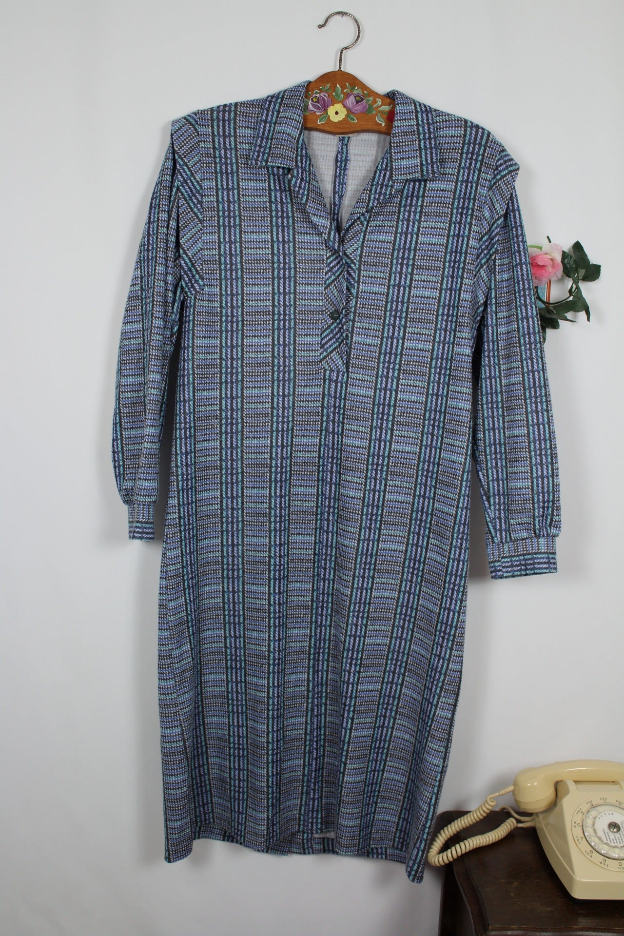 🌸🍒Robe vintage 70/80's d'hiver graphique bleu & verte - ceinture incluse - Taille 38/40🍒🌸