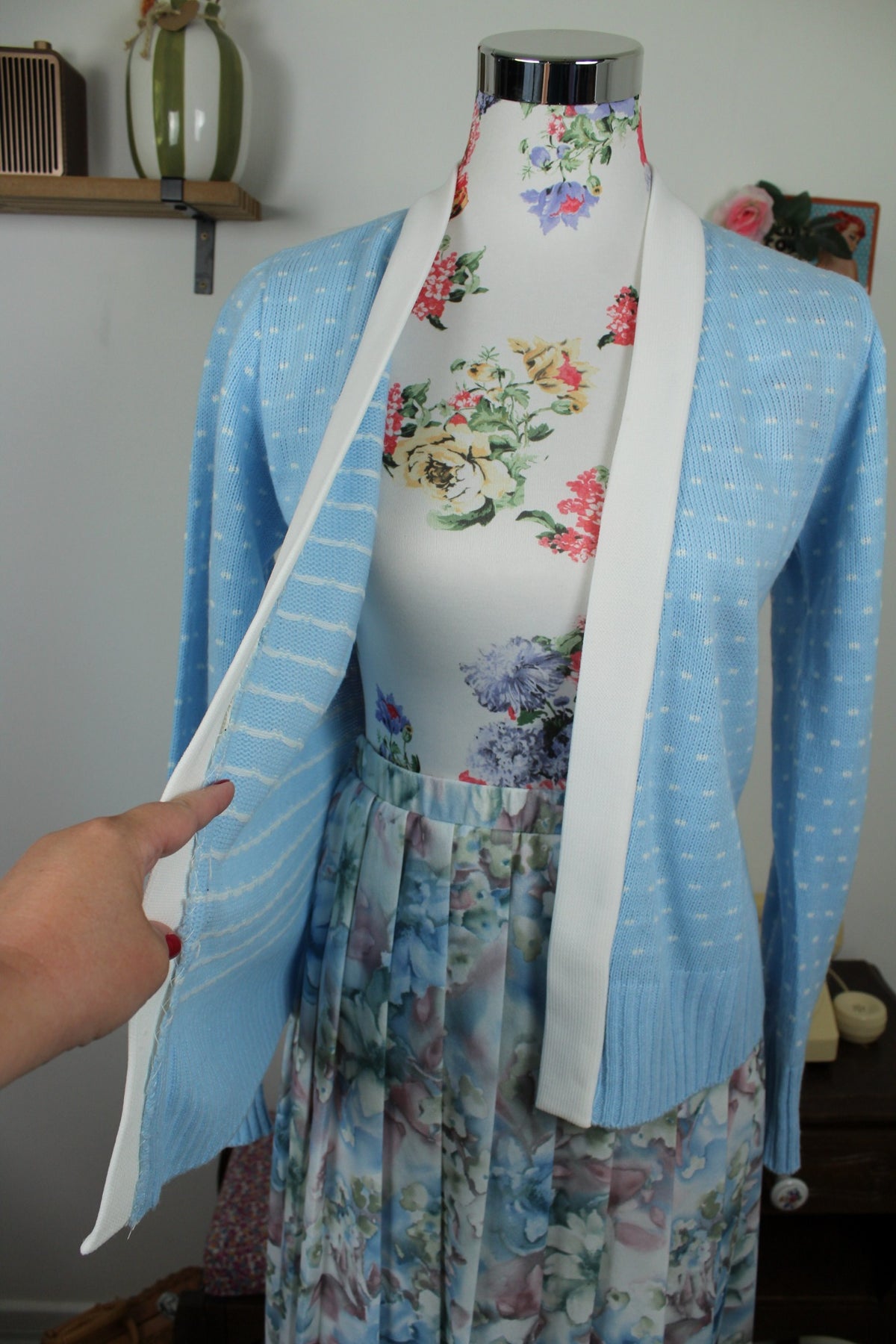 Cardigan pull vintage années 80 bleu ciel pep's à pois blanc - Taille 38