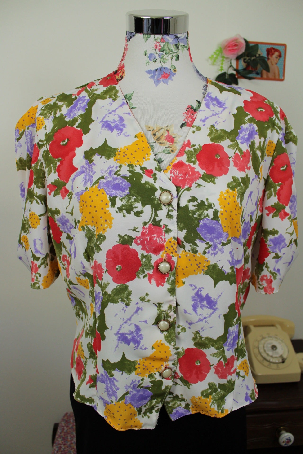 🌸🍒Blouse vintage 80's fleurie aquarelle & boutons bijoux nacrés - Taille 40/42🍒🌸