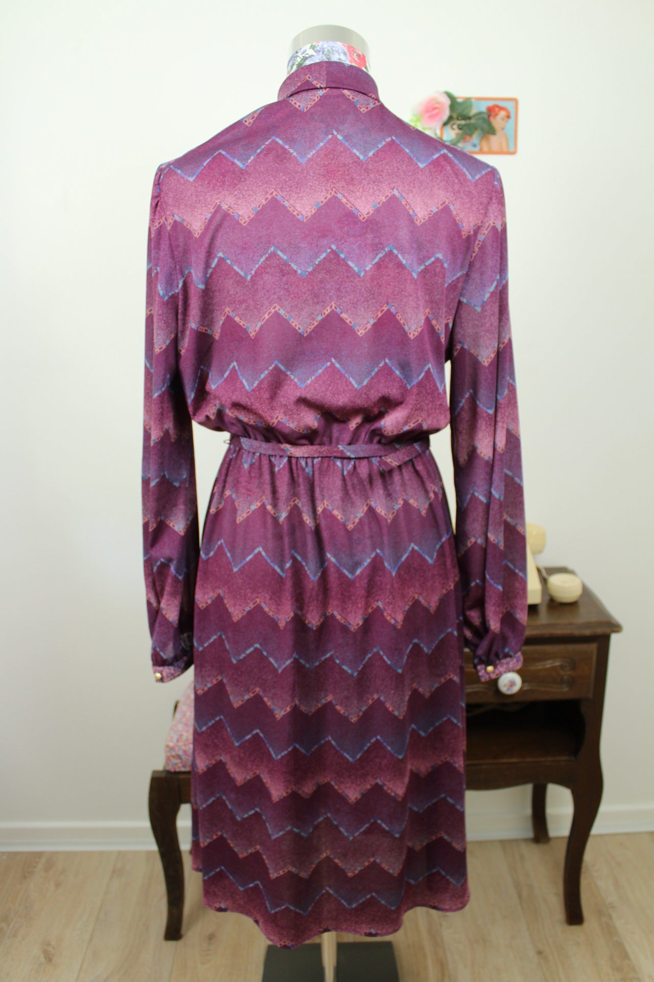 🌸🍒Robe vintage 70/80's violette zig zag preppy chic col lavallière - Taille 38/40🍒🌸