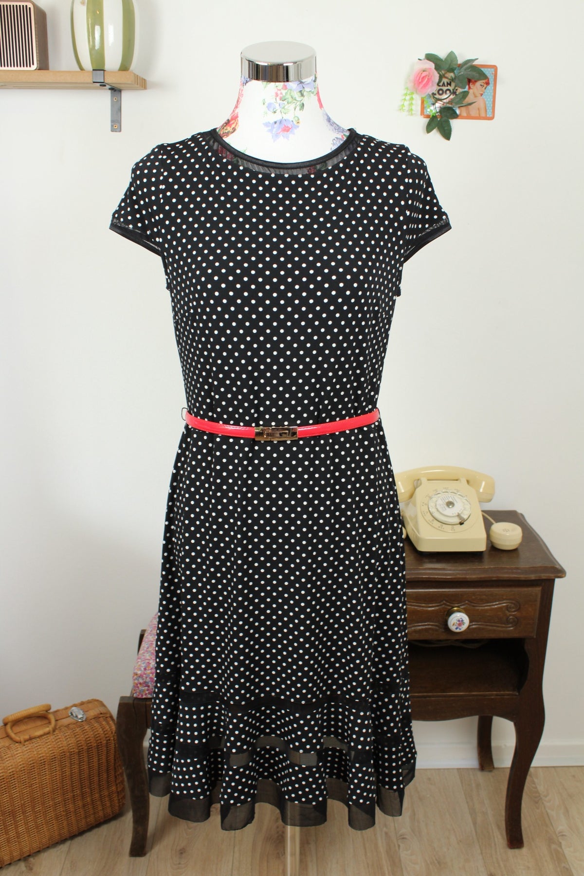 🌸🍒Robe vintage années 90 noire à pois - style pin-up & volants ajourés - Joseph Ribkoff - Taille 36/38🍒🌸