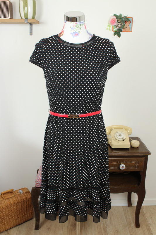 🌸🍒Robe vintage années 90 noire à pois - style pin-up & volants ajourés - Joseph Ribkoff - Taille 36/38🍒🌸