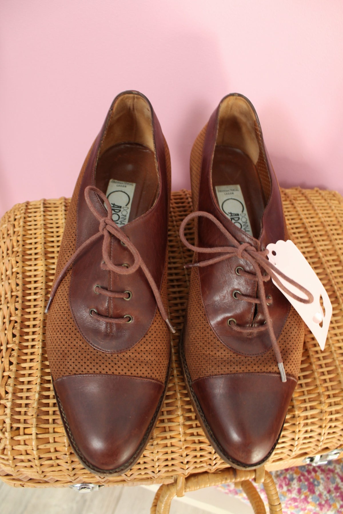 Derbies vintage années 80 marron tout cuir & petit talon bottier - pointure 40