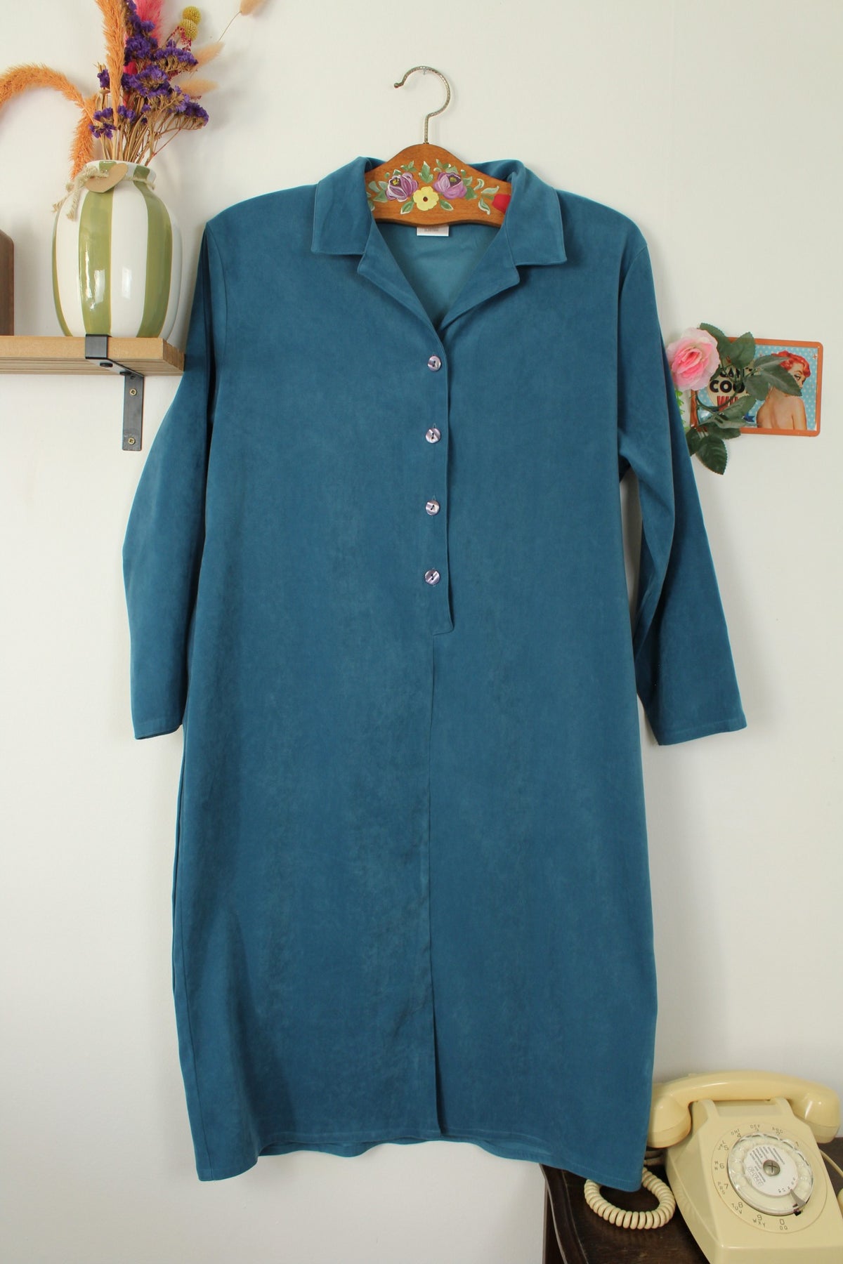 Robe bleu vintage années 90 velours lisse - esprit chemise ceinturée - Taille 40/42