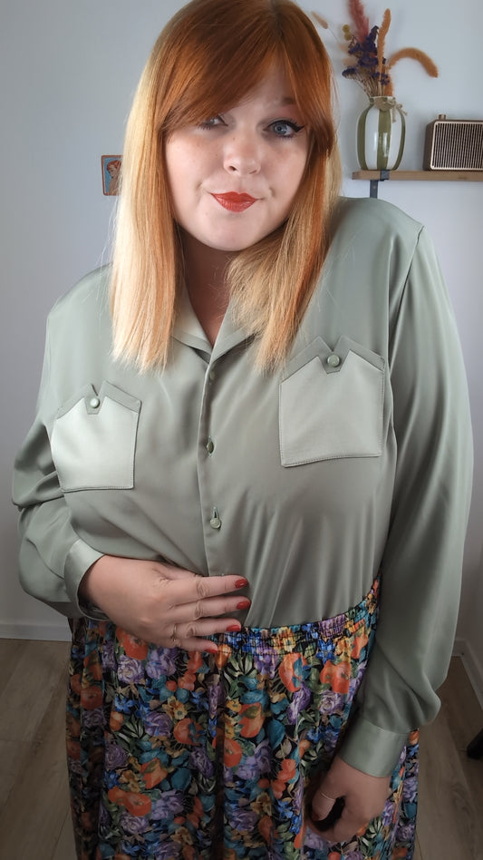 Chemise vintage années 80/90 vert sauge satinée - chic made in France - Taille 46/48