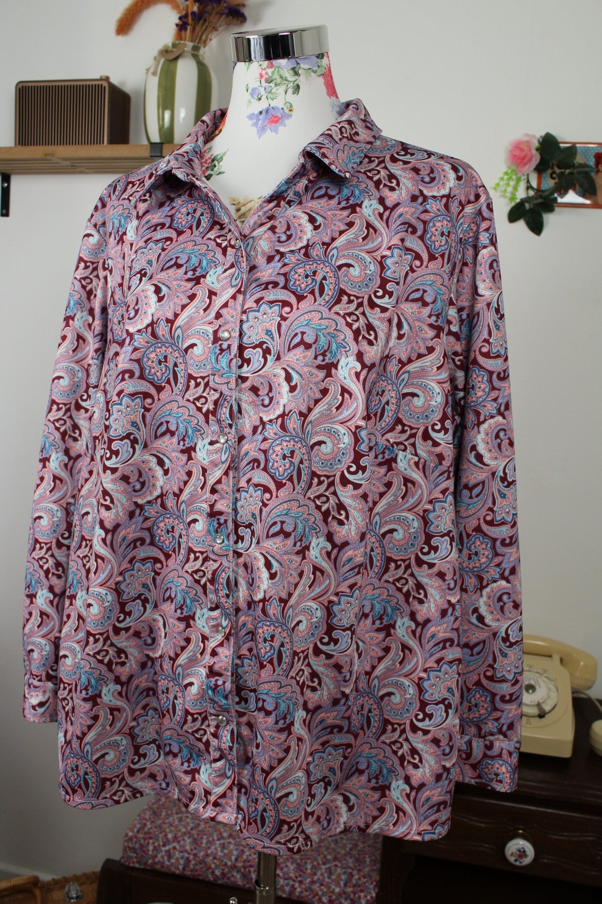 Chemise vintage années 90 fleurie baroque & boutons pressions nacrés - Taille 46/48
