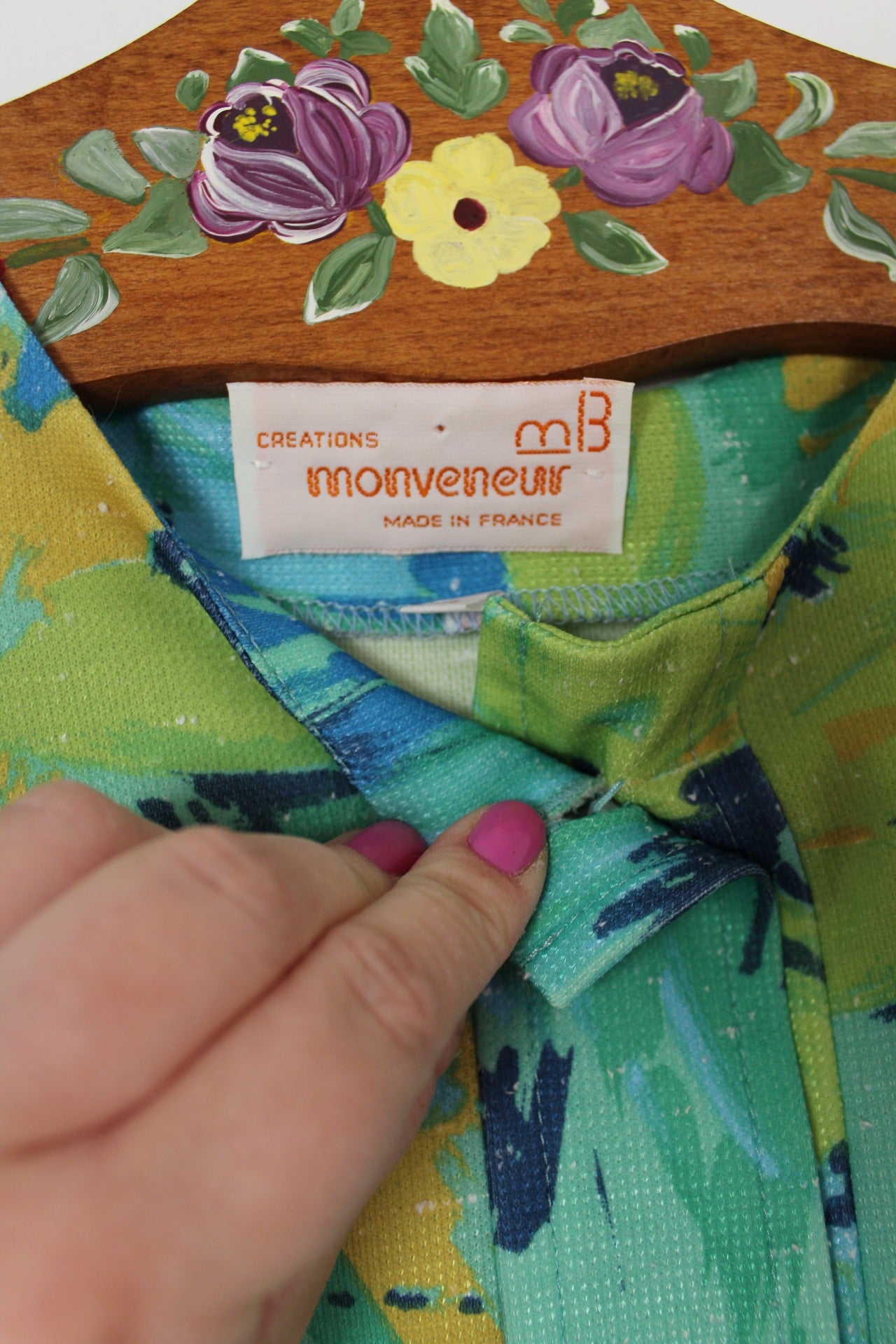 🌸🍒Robe verte vintage 80's arty esprit coups de pinceau Picasso et ceinture - Taille 42/44🍒🌸