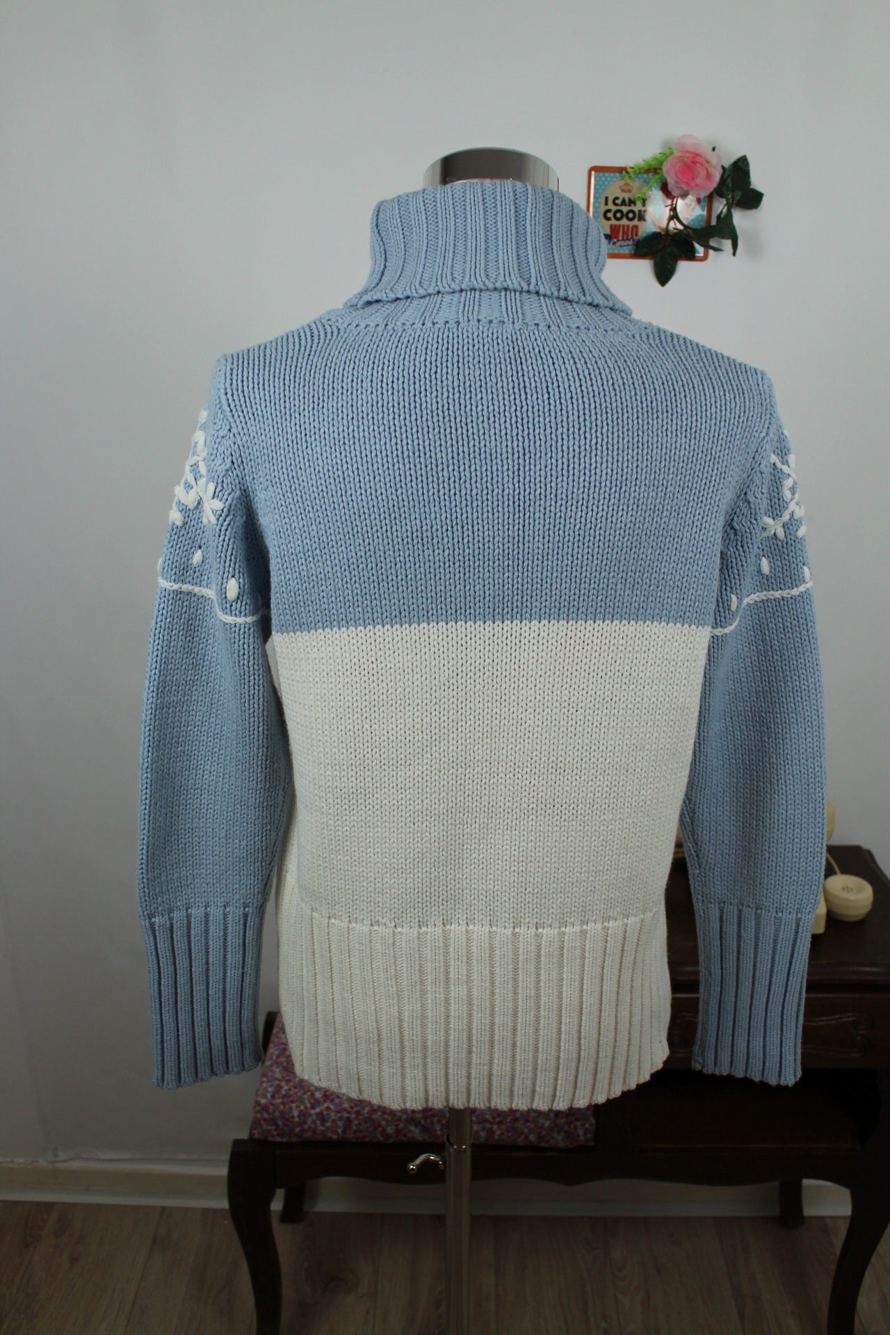 🌸🍒Pull bleu vintage années 90 col roulé & flocons - Taille 38🍒🌸