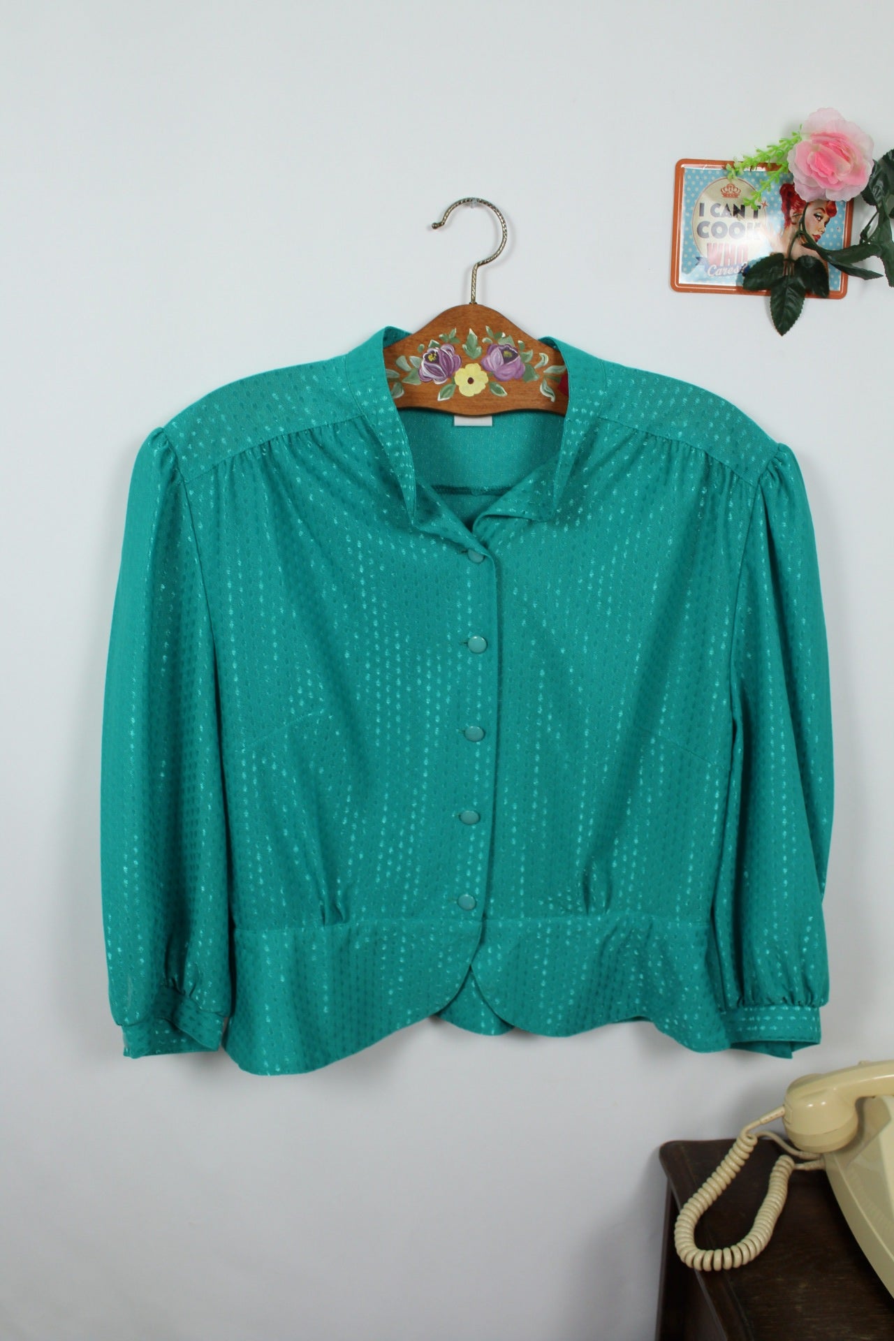 🌸🍒Blouse vintage 70's turquoise fuseaux satinés et col officier - Taille 38 à 42🍒🌸