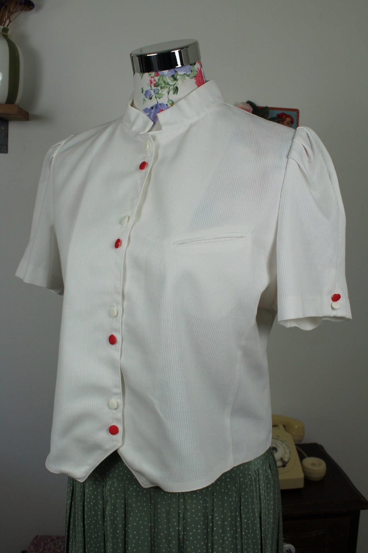Chemisier blanc vintage années 80/90 en coton épais côtelé - Taille 38/40