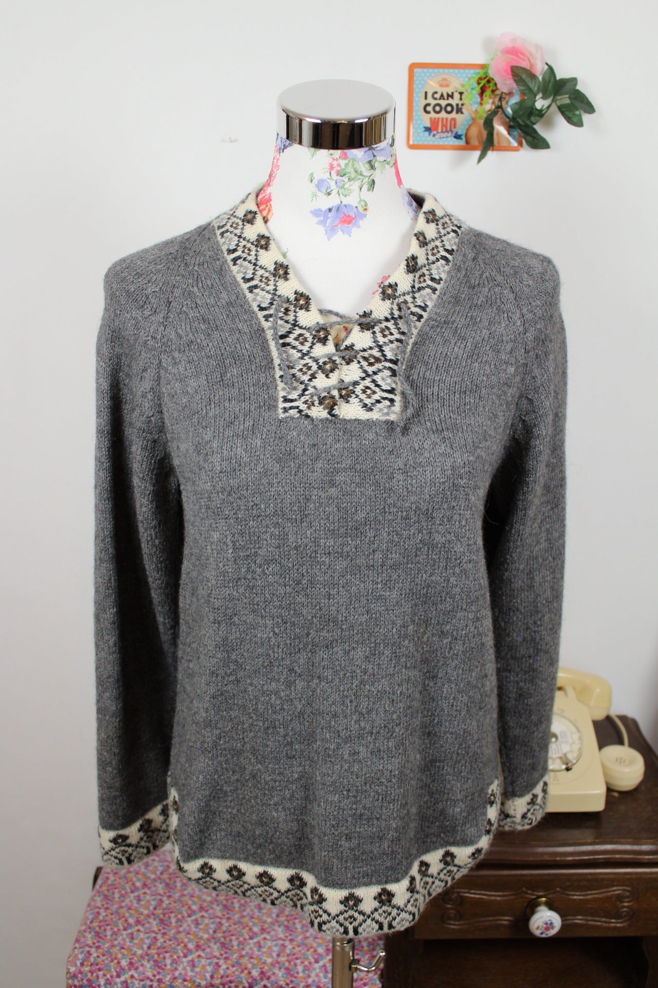 🌸🍒Pull vintage 80's gris motifs jacquard en laine angora - Taille 38🍒🌸