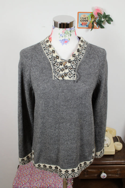 🌸🍒Pull vintage 80's gris motifs jacquard en laine angora - Taille 38🍒🌸