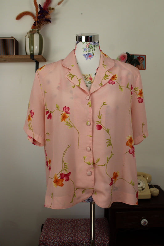 🌸🍒Chemise vintage années 80/90 rose pâle & guirlande de fleurs - Taille 42/44🍒🌸