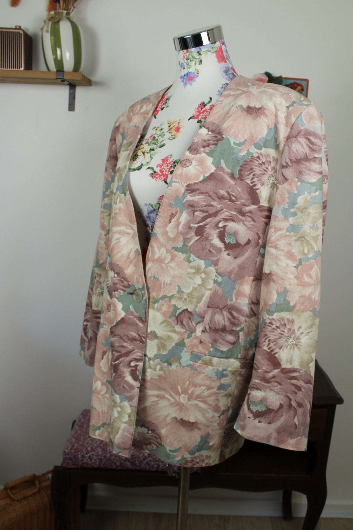 Veste vintage années 90 fleurs pastel esprit tapisserie romantique en lin & coton - Taille 44