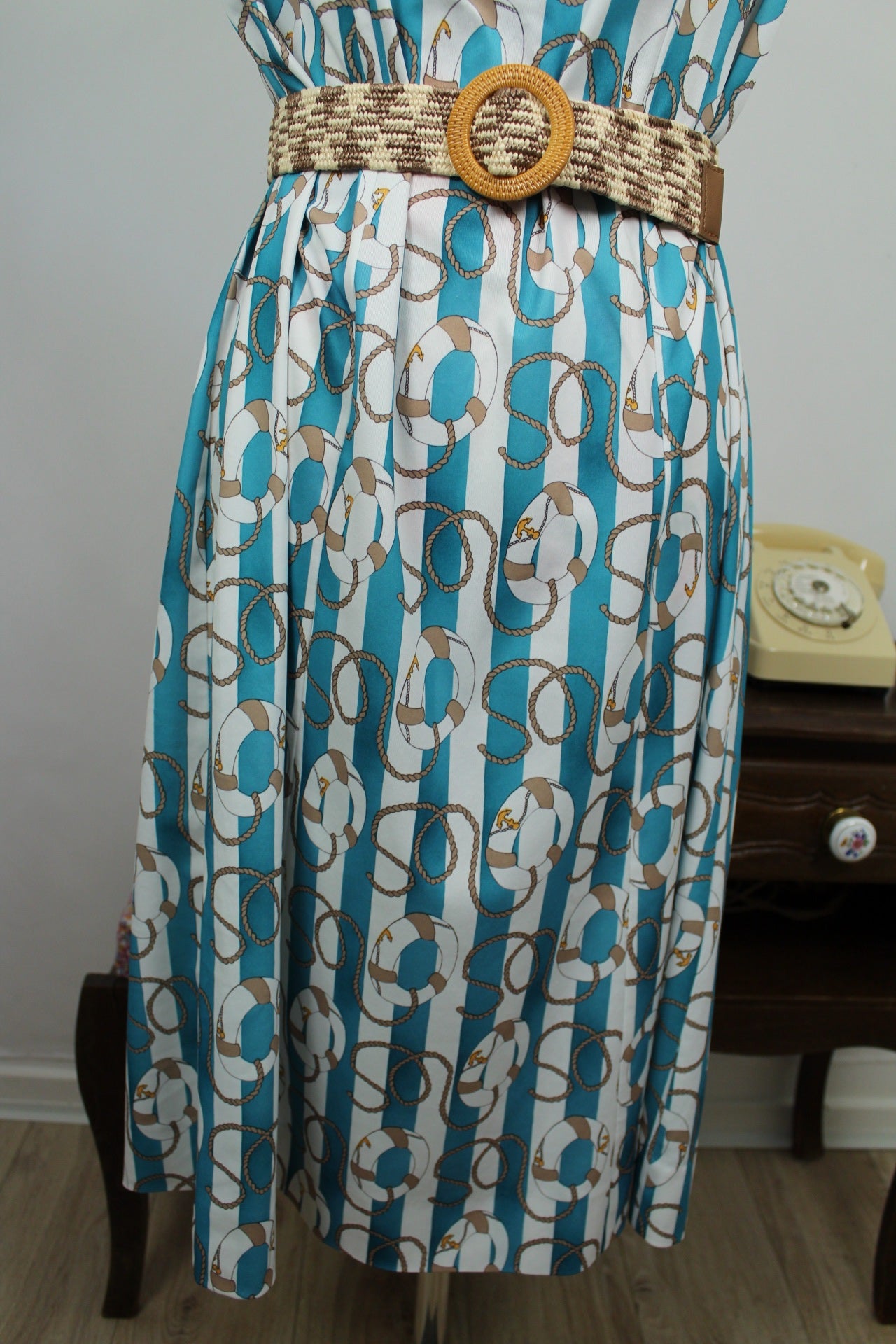 🌸🍒Robe vintage 80's Navy rayures turquoises & motifs nautiques - Taille 38 à 42🍒🌸