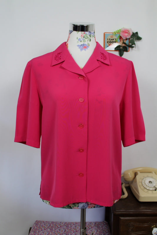 🍒🌸Chemise souple vintage 80's - rose bonbon & broderies florales - Taille 38🌸🍒