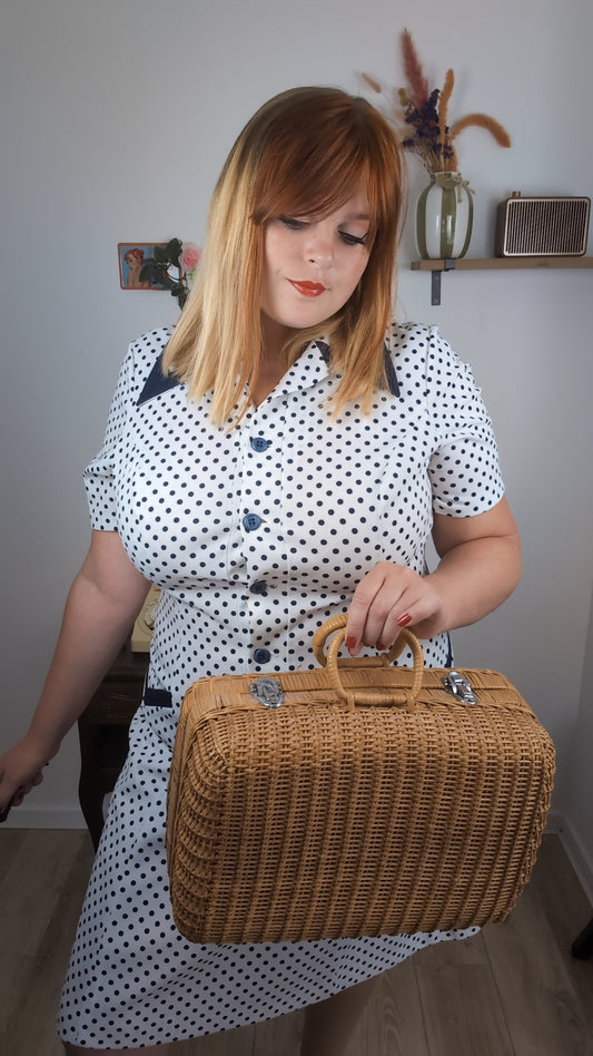 Robe vintage années 80 pin-up/rockabilly à pois marine - col chemise - Taille 40/42