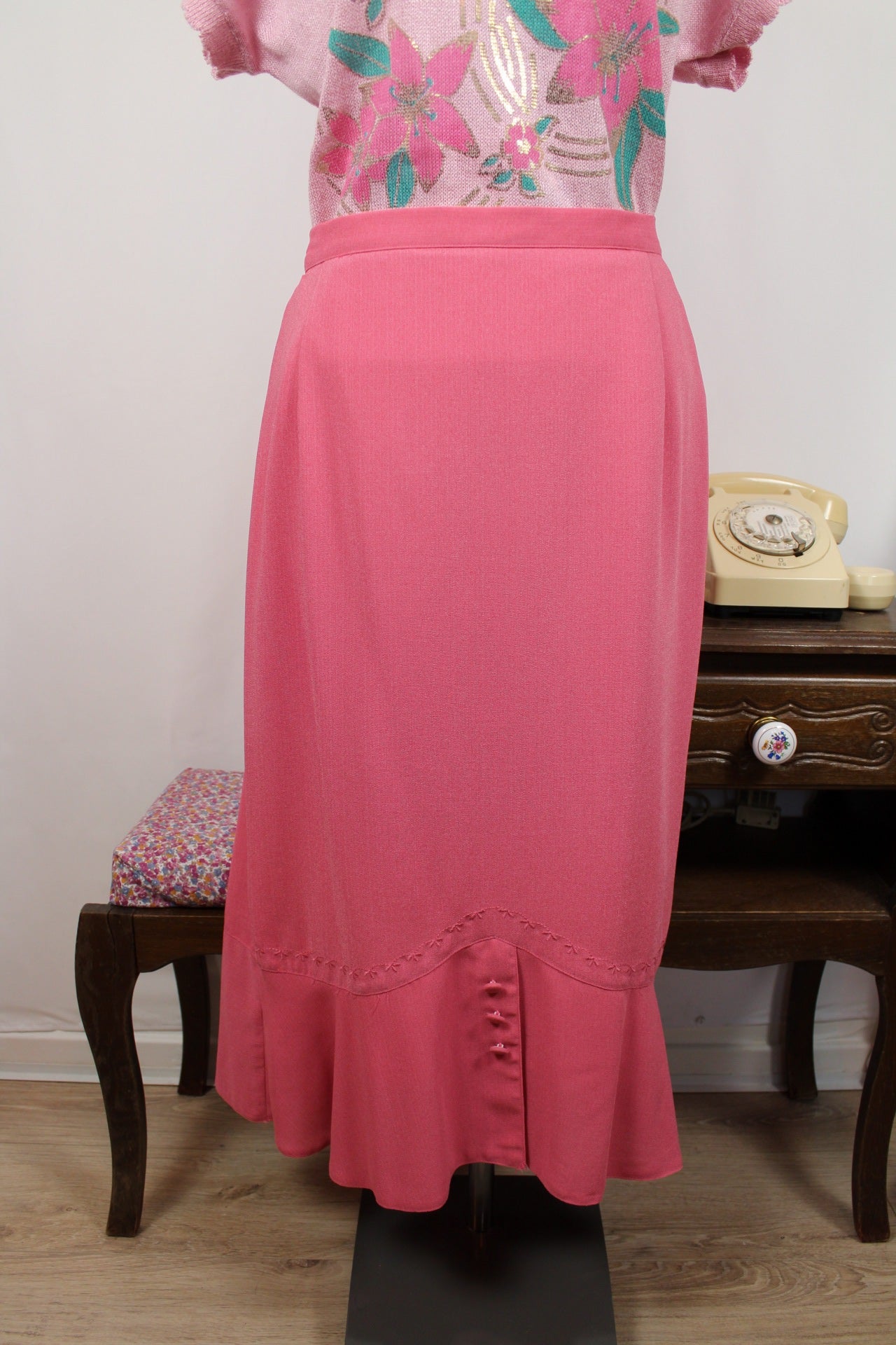 🌸🍒Jupe longue vintage Caty Jane 80/90s - rose poudré - broderies & boutons 🍒🌸