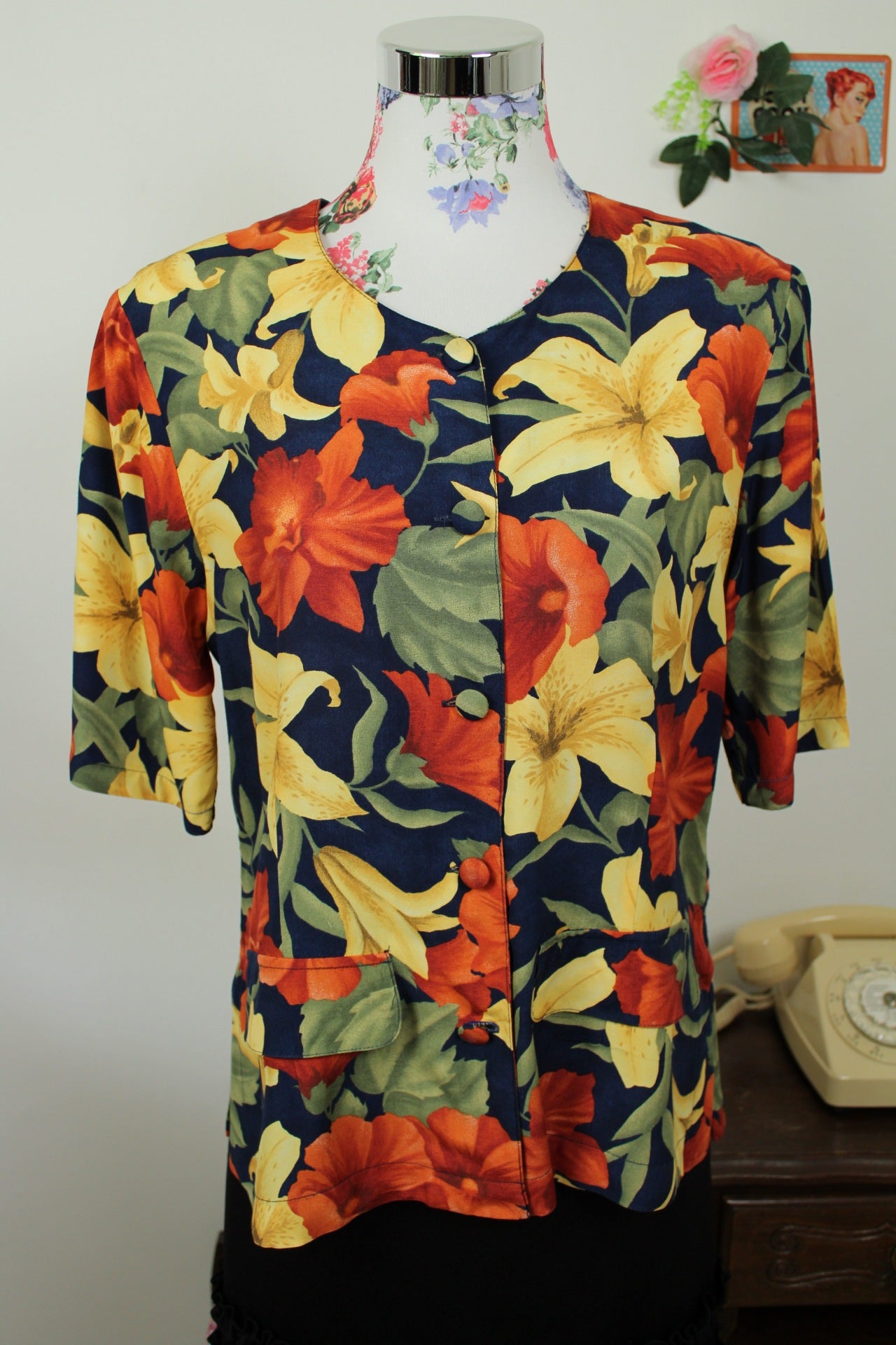 🌸🍒Chemise vintage 90's fleurs de Lys XXL tons chauds - Taille 38/40🍒🌸