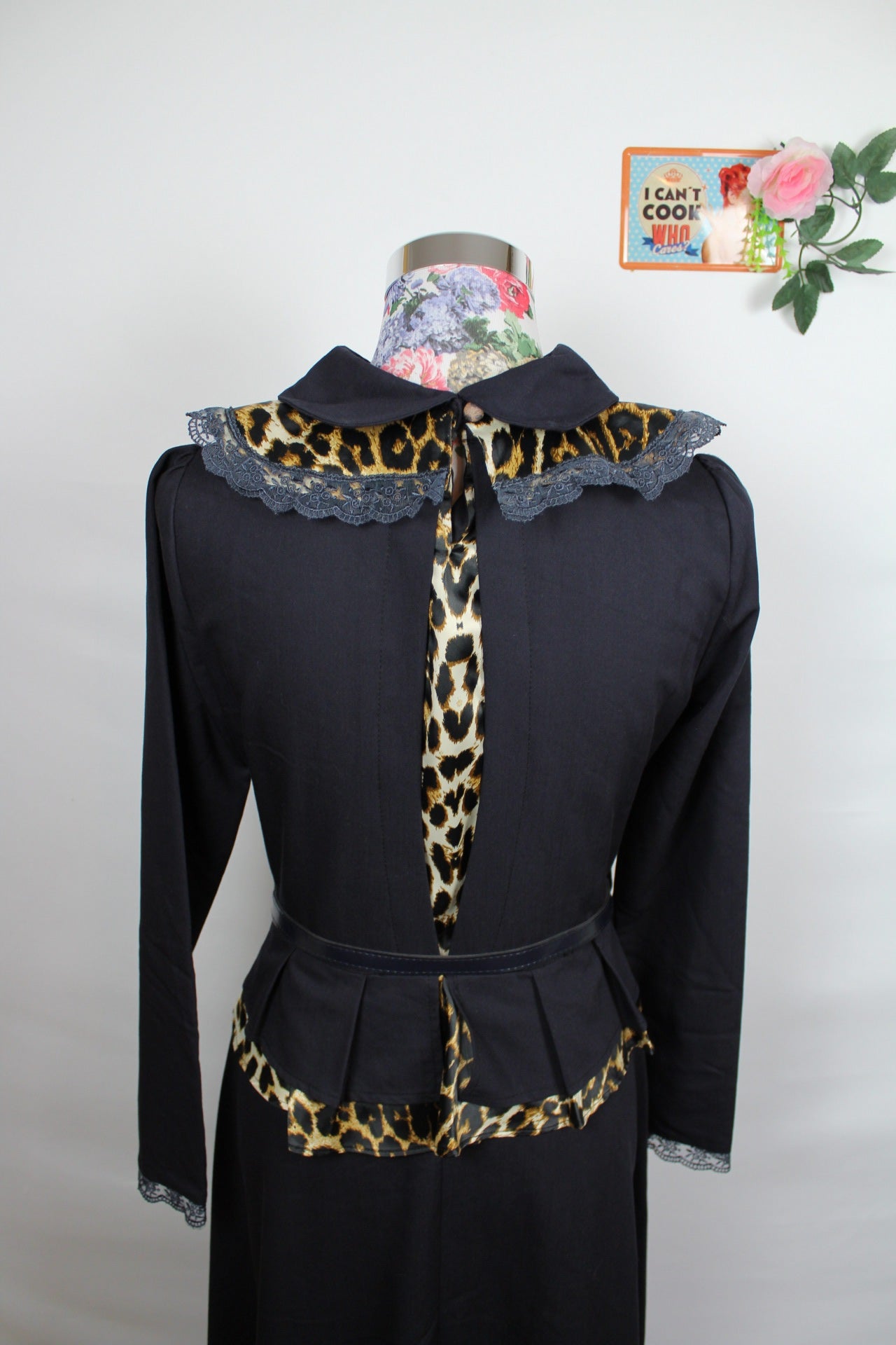 🌸Robe noire longue vintage 80's - empiècements léopard & dentelle - couture chic🍒