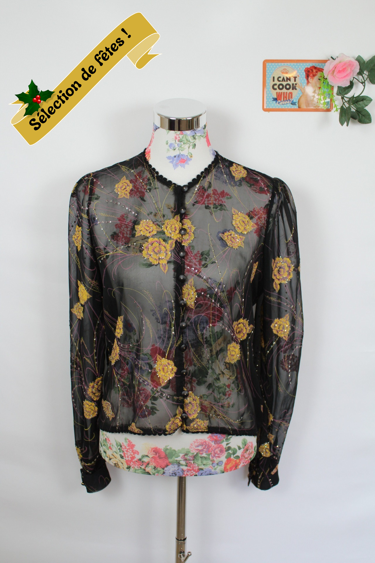 ✨Blouse transparente vintage noire fleurs dorées 80s - fêtes & soirées ✨