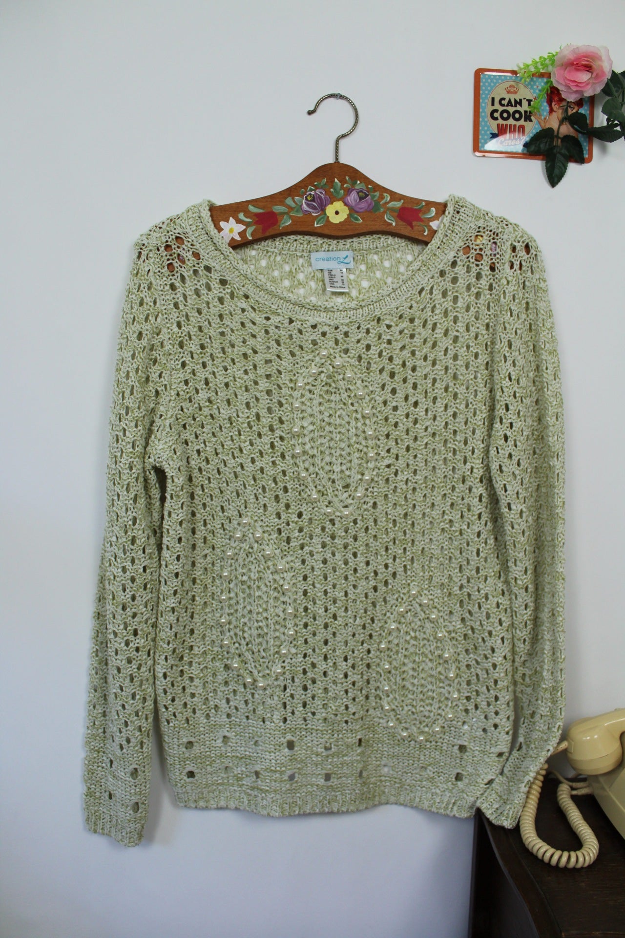 🌸🍒Pull ajouré perles nacrées vintage chic - Création L - 90s/2000s - Taille 40/42🍒🌸