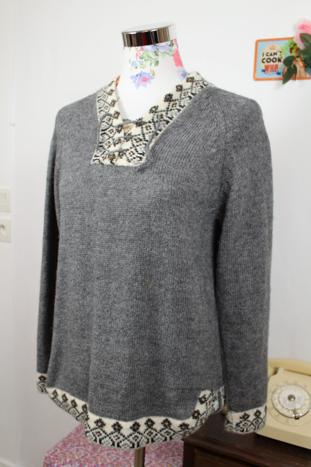 🌸🍒Pull vintage 80's gris motifs jacquard en laine angora - Taille 38🍒🌸