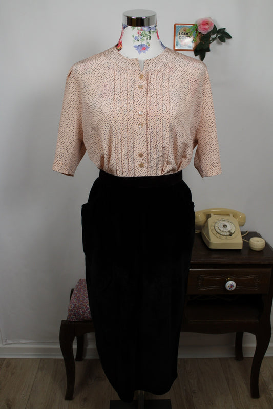 🌸🍒Blouse vintage 80's satinée rose pâle à pois marines style pin-up/rockabilly - T.42/44🍒🌸