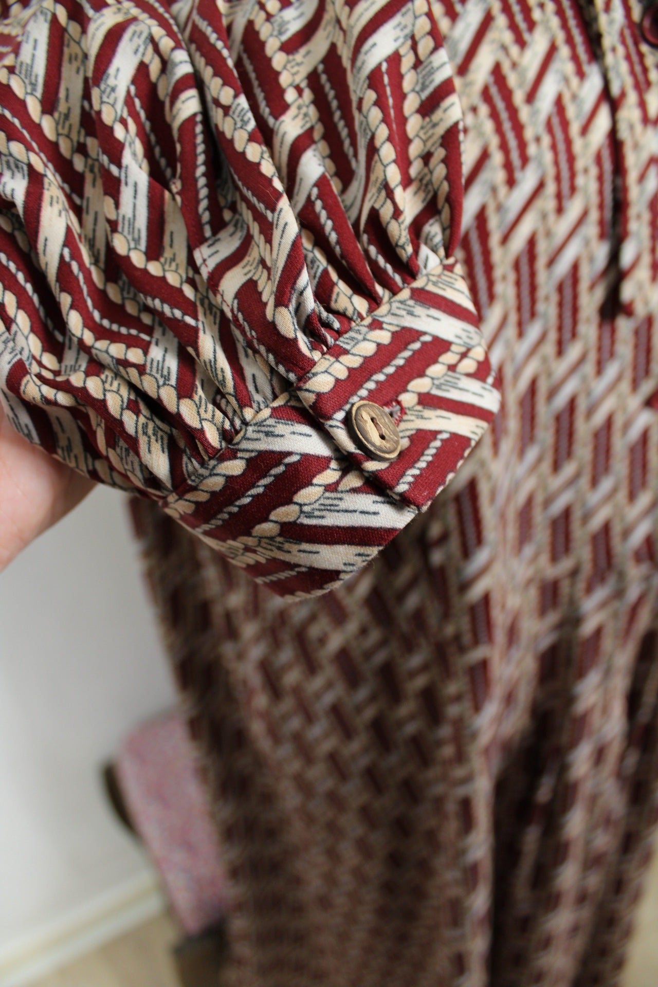 🍒🌸Robe vintage col lavallière 70's - motifs géométriques - Taille 44/46🌸🍒
