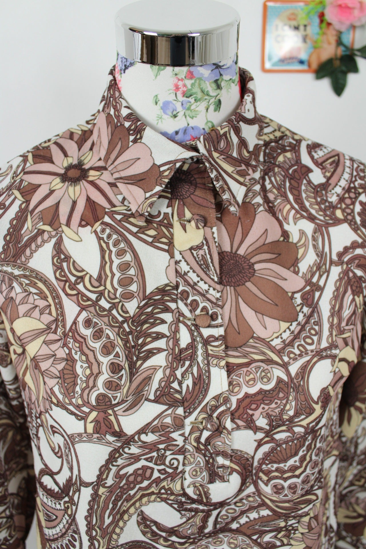 🍒🌸Blouse vintage baroque 70s - tons bruns & beige chic - Taille 40/42🌸🍒