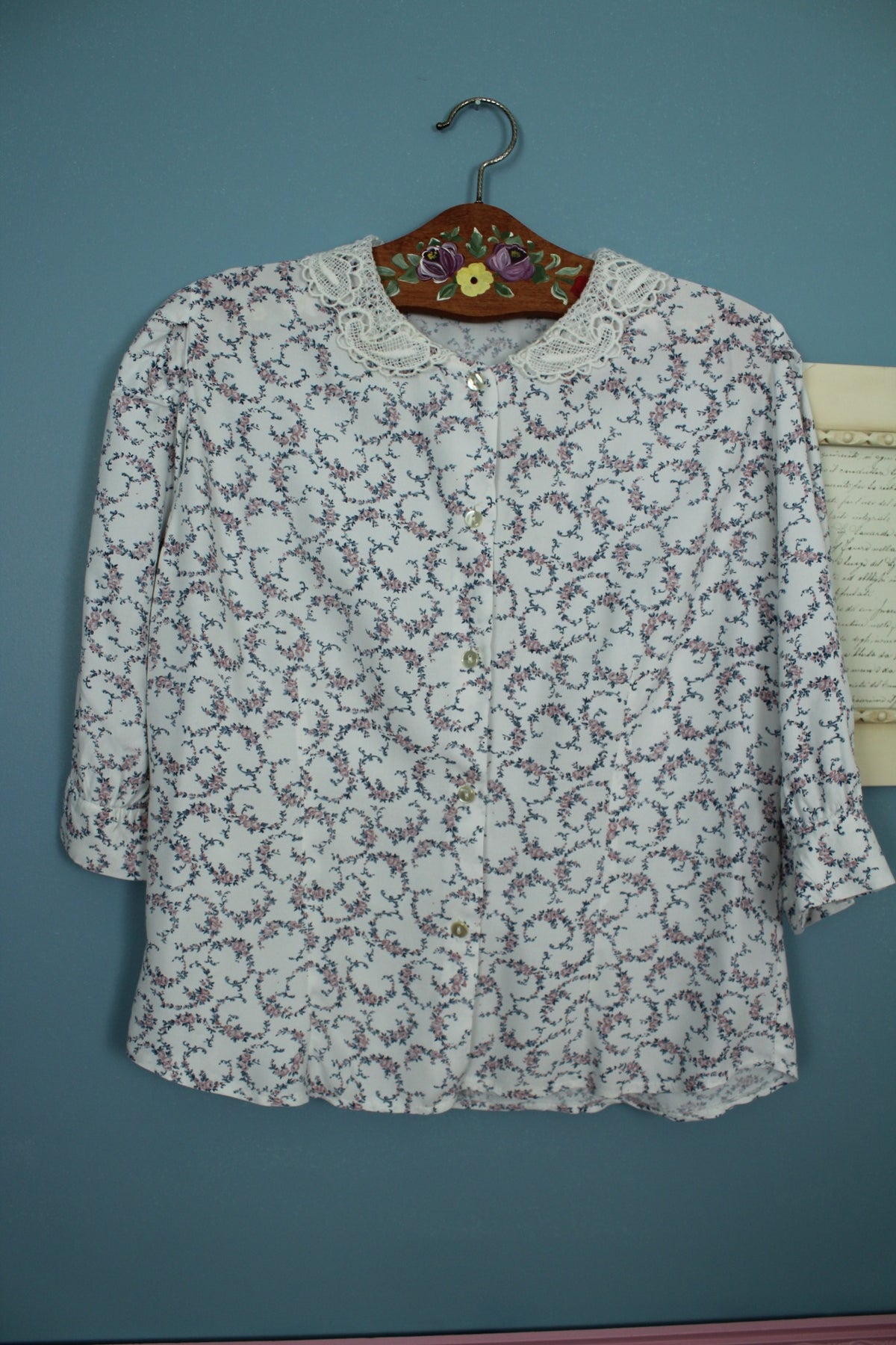 Blouse vintage col claudine en dentelle années 90 fleurie romantique - Taille 40/42