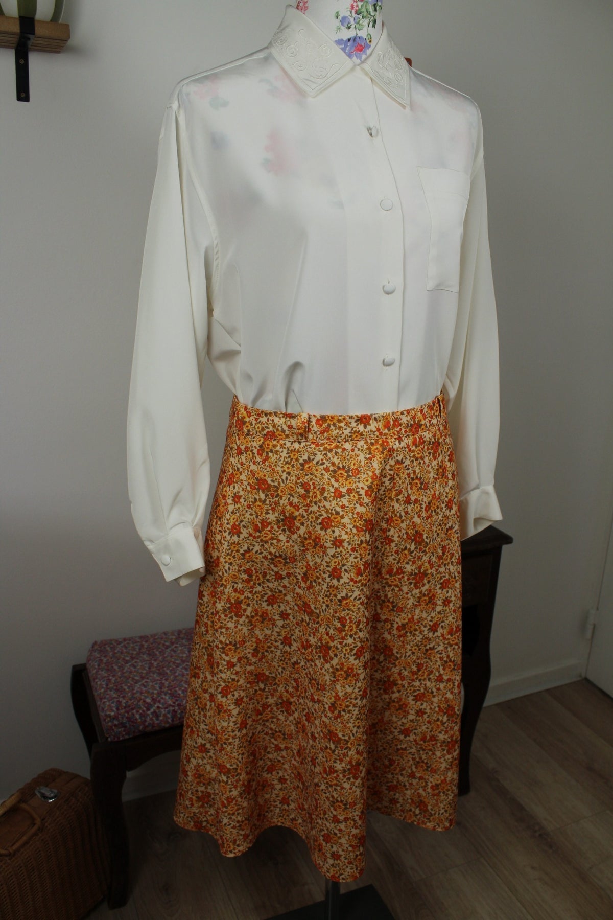 Chemise vintage années 80 blanche satinée col brodé romantique Ralph Luigi - Taille 40/42