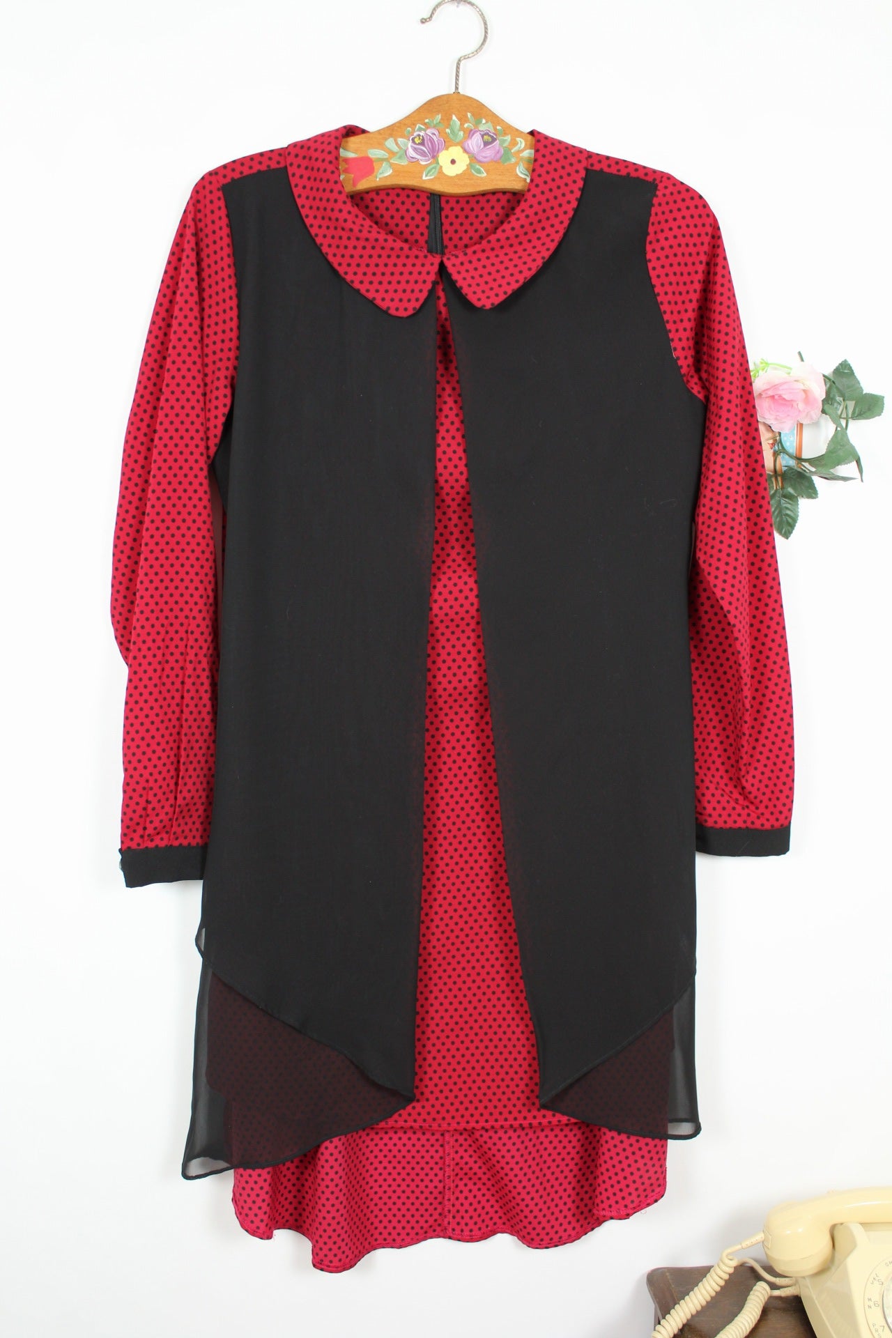 🍒🌸Robe vintage 80's pois rouge & noir - col claudine style pin-up rockabilly - Taille 38/40🌸🍒
