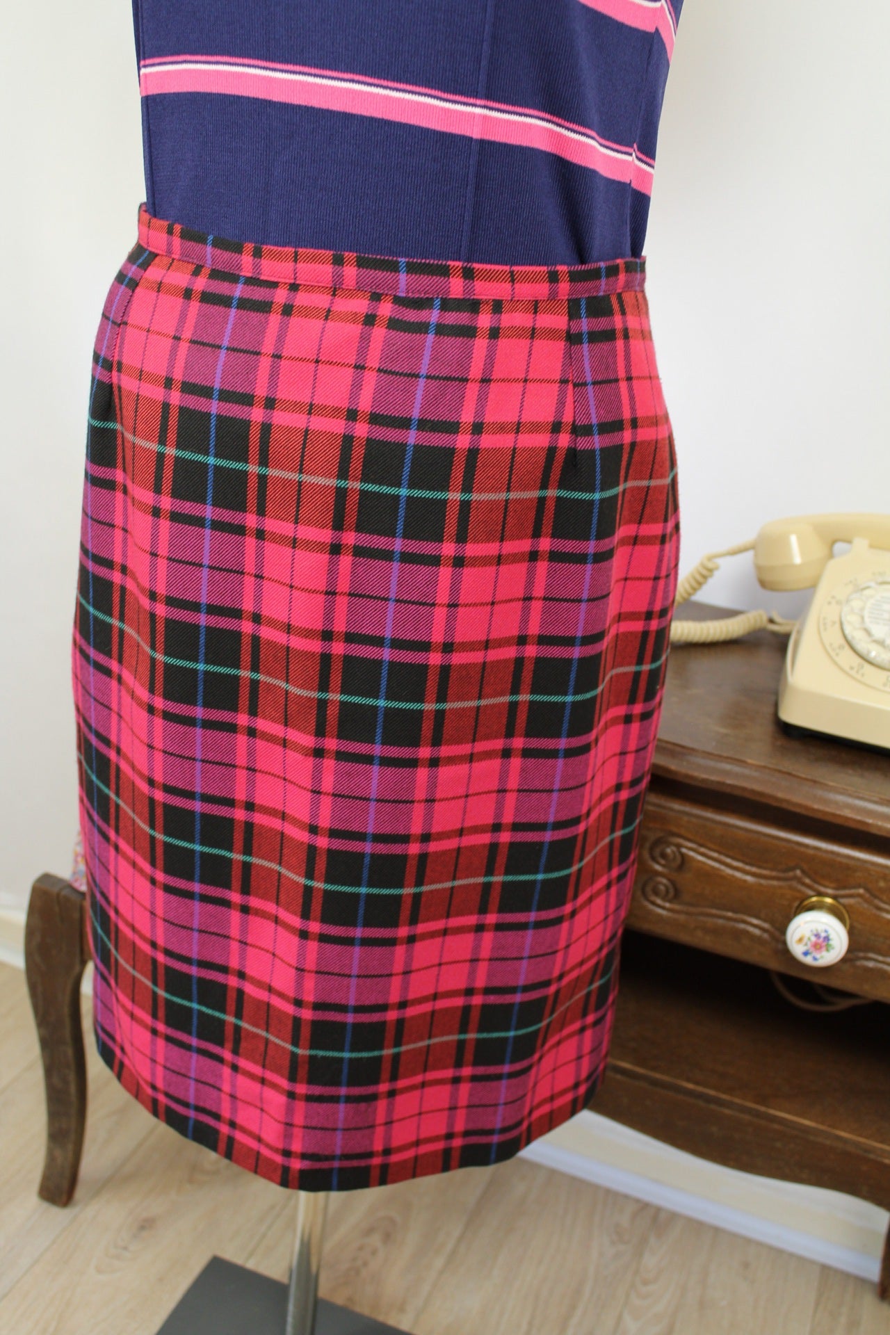 🌸🍒Jupe vintage tartan rose/violet 90s - fait main esprit punk chic pin-up - Taille 40🍒🌸