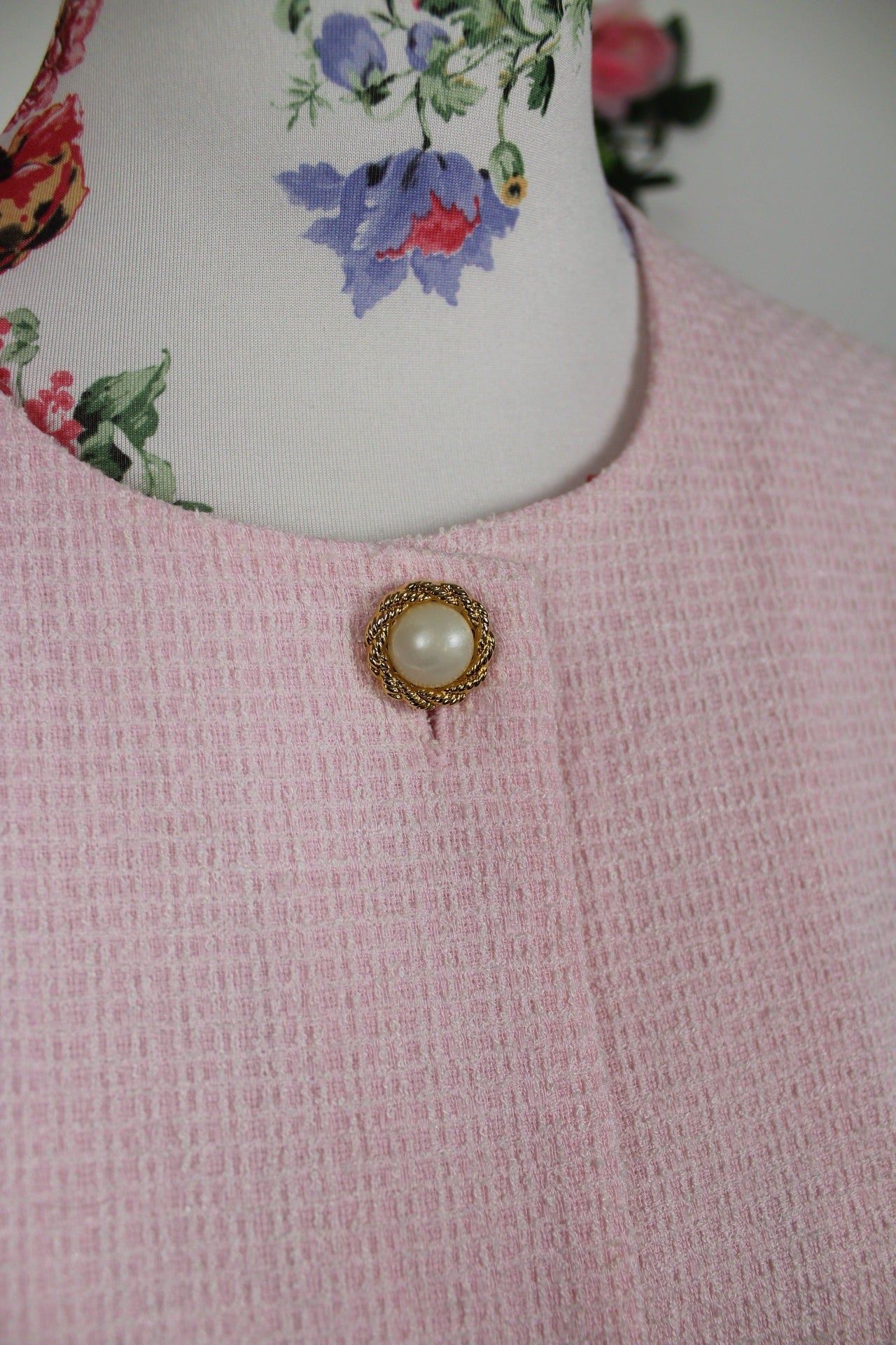 🌸 Ensemble jupe + veste preppy vintage 80's rose poudré - perles nacrées & boutons dorés🍒