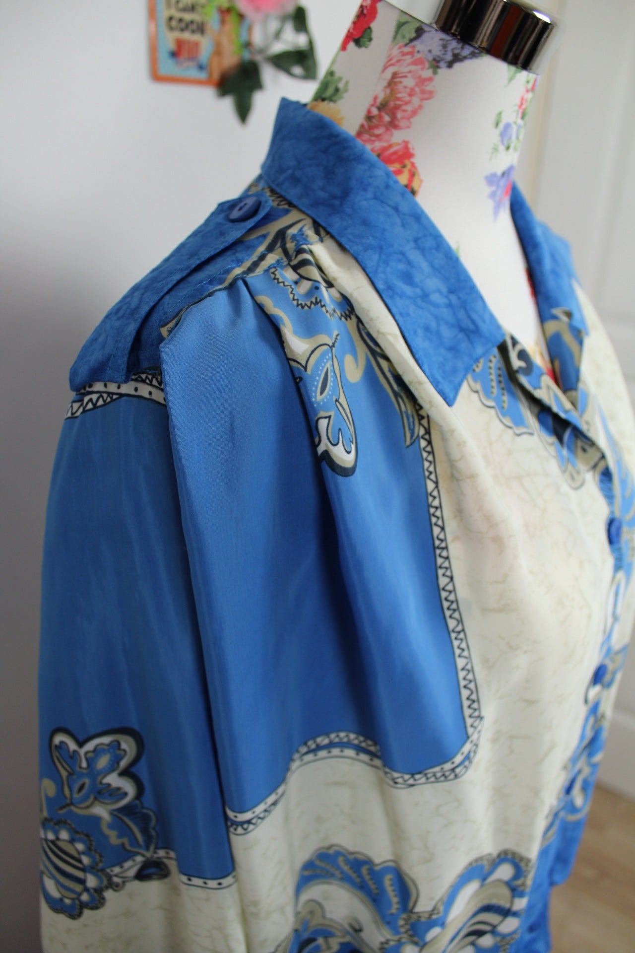 🍒🌸Chemise vintage baroque bleu & ivoire - années 80 - Taille 40 à 44🌸🍒