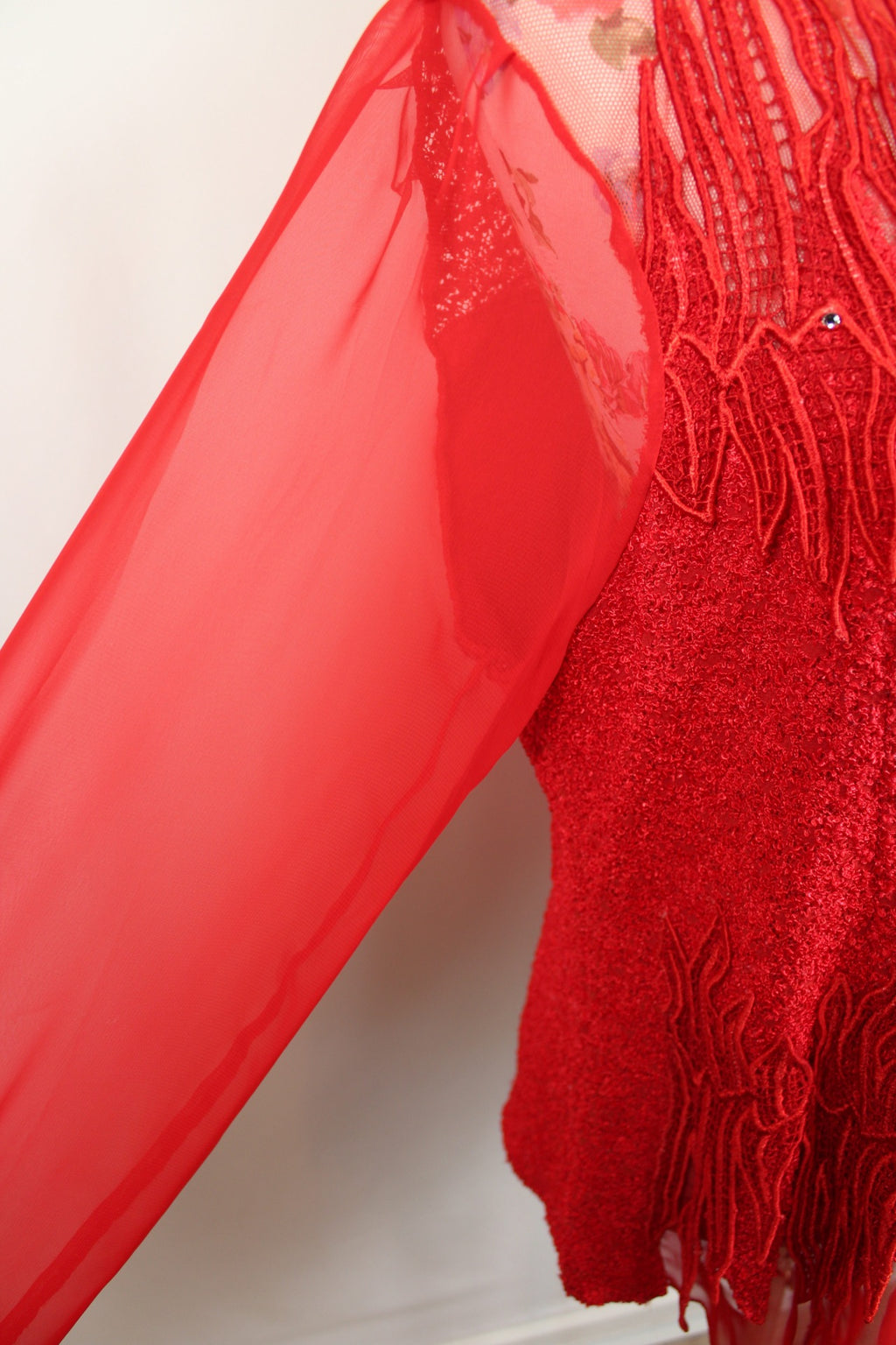 🎄Blouse rouge festive vintage 90's - dentelle, strass & manches transparentes - Look Noël glamour🎄