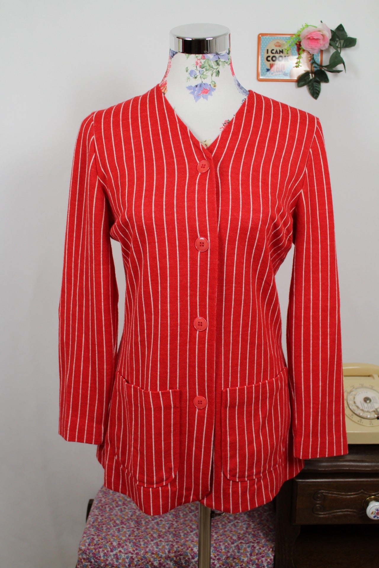 🍒🌸Cardigan romantique vintage rayé rouge années 80 - Taille 36🌸🍒