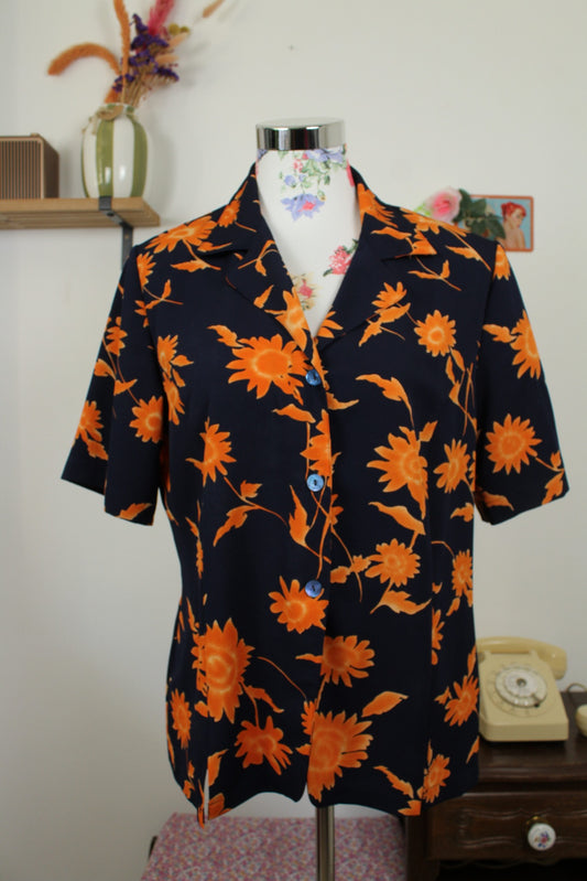 🌸🍒Chemise vintage 80/90's bleu marine & fleurs orange pep's - Taille 40/42🍒🌸