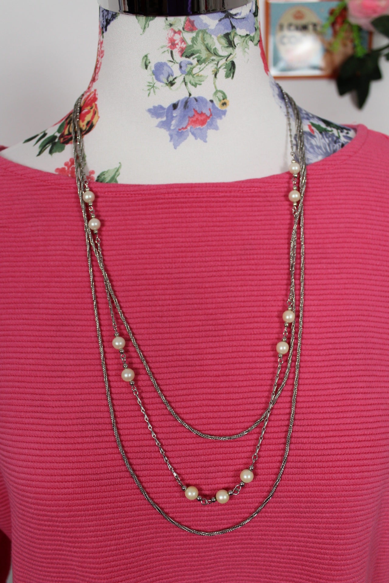 🌸🍒Collier long multi-rangs argenté & perles nacrées - années 90🌸🍒