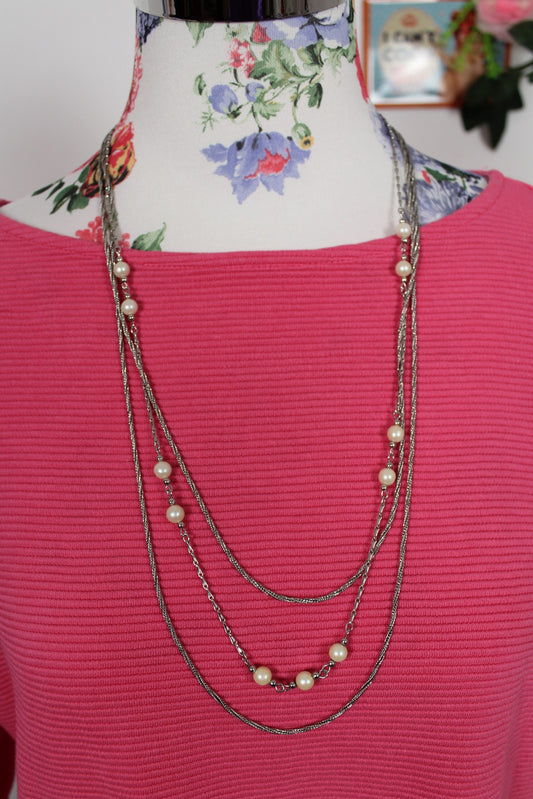 🌸🍒Collier long multi-rangs argenté & perles nacrées - années 90🌸🍒