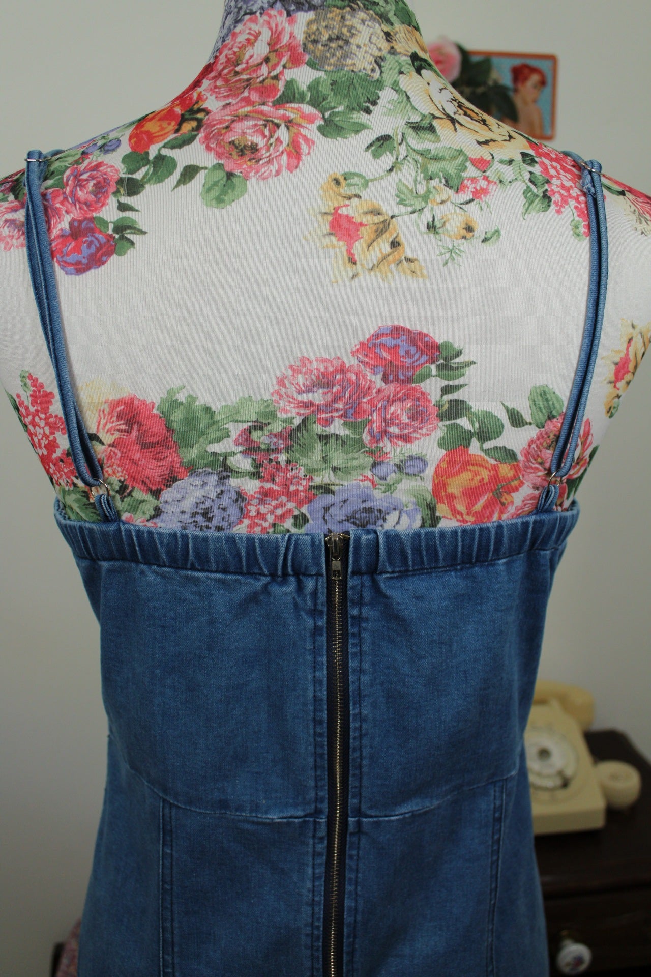 🌸🍒Robe en jean denim Y2k 2000's laçage & bordries florales - Taille 38🍒🌸