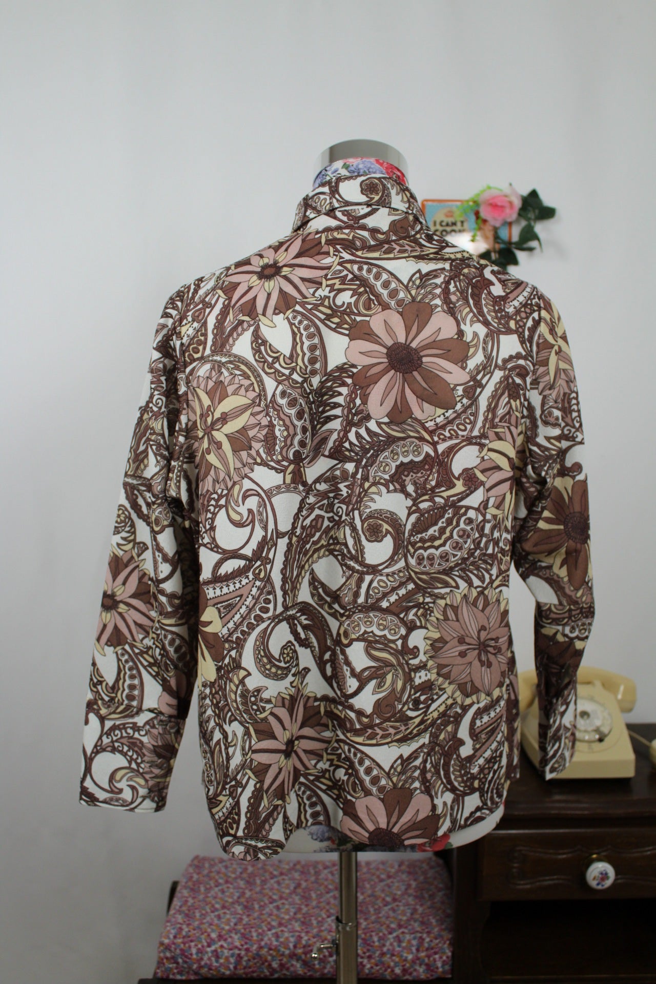 🍒🌸Blouse vintage baroque 70s - tons bruns & beige chic - Taille 40/42🌸🍒