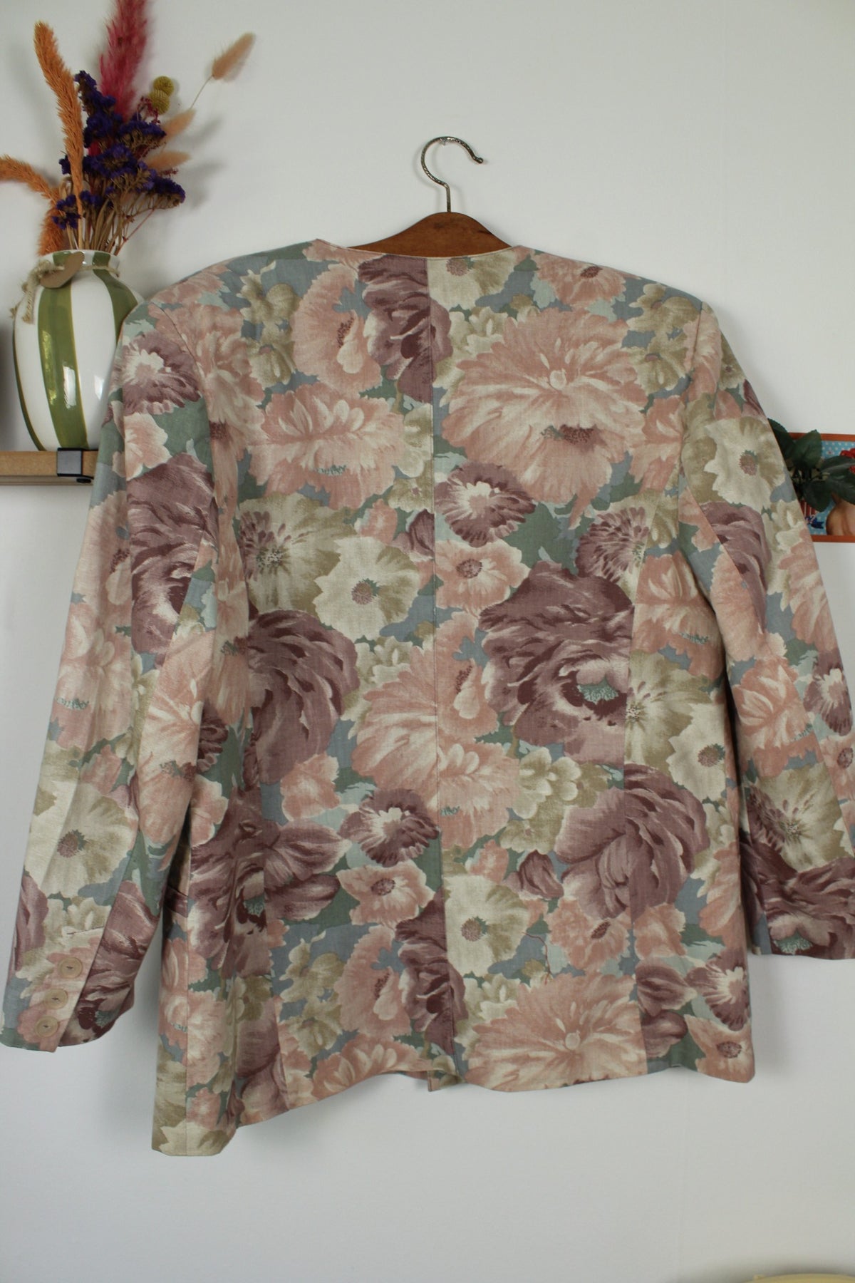 Veste vintage années 90 fleurs pastel esprit tapisserie romantique en lin & coton - Taille 44