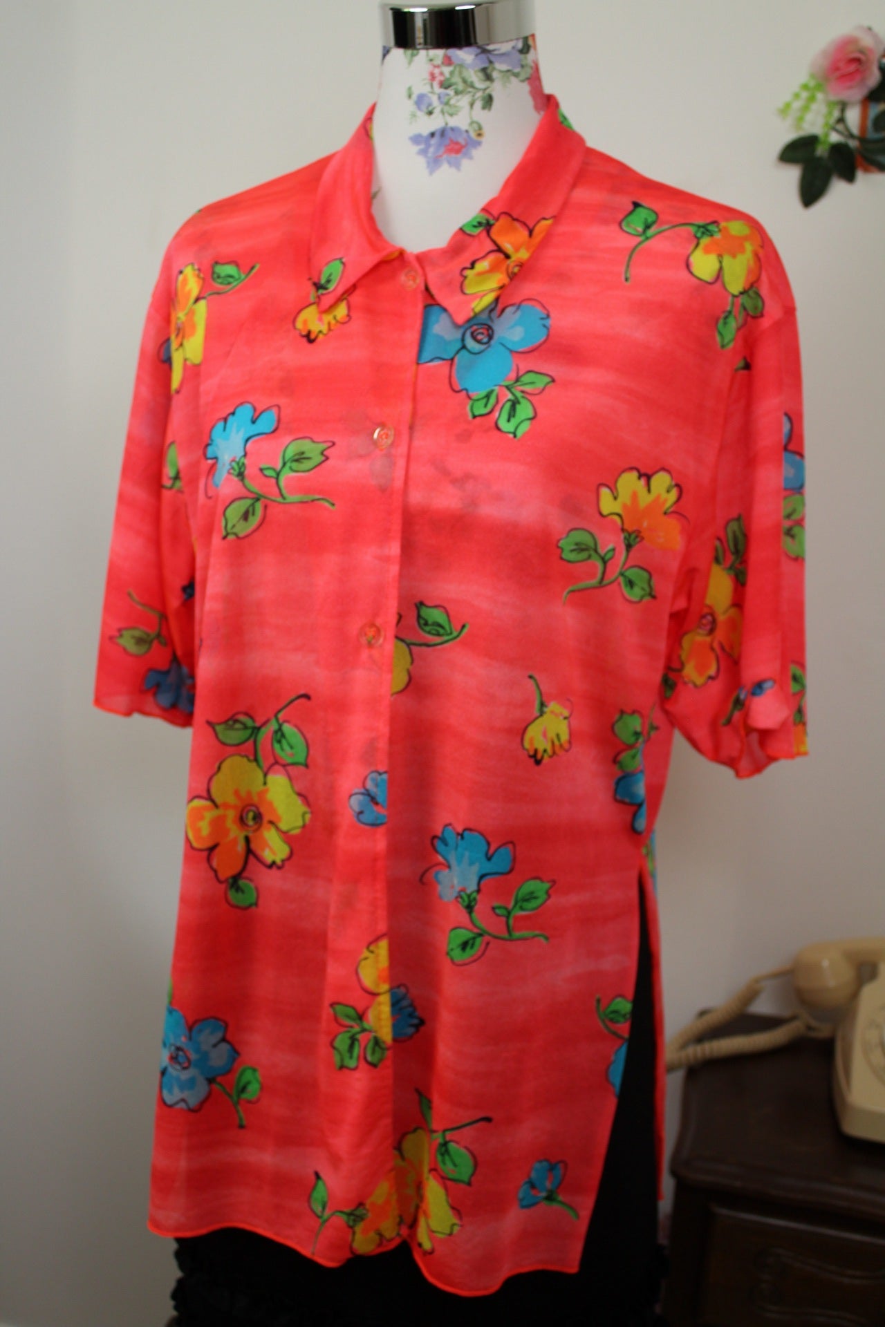 🌸🍒Chemise vintage 90's fleurs de Lys XXL tons chauds - Taille 38/40🍒🌸
